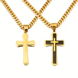 Men's Cross Necklace - 1pc Stainless Steel Thirty Necklace with 24 Inch Cuban Chain, Cross Pendant, Jewellery SilverGoldBlack,summervibes