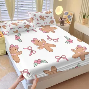 Christmas Adorable Gingerbread Man Fitted Sheet Set, Includes One Bedcap and Two Pillowcases, Pink Bow Christmas Elements Cute Dreamy Bedroom Bedspread, Non-Slip Soft Bed Cover, Bed Sheets Set