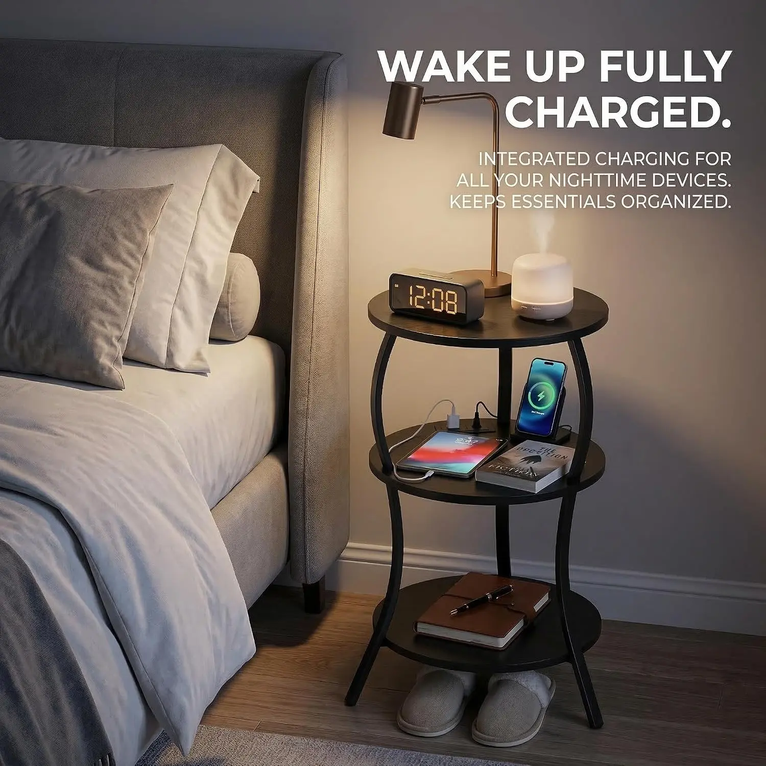Zexvida Industrial 3-Tier Circle Side Table with Charging Station - MDF Board Black Indoor Furniture, Type C & USB Charging Ports, Easy Setup Bedside Stand for Small Spaces