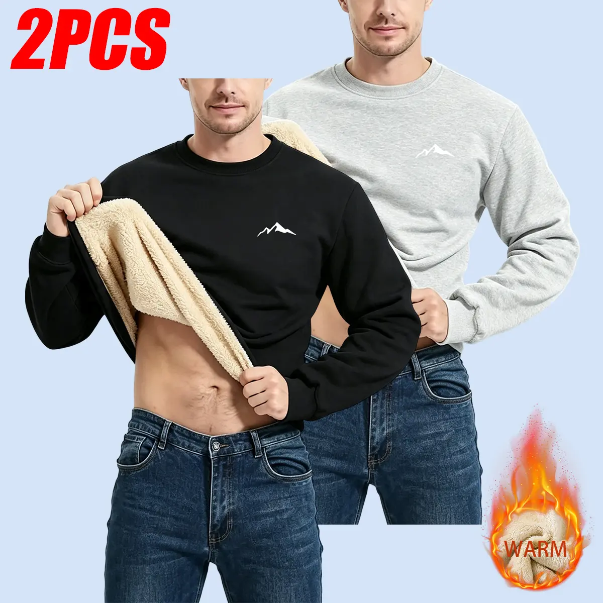 Men’s two-pack ultra-warm fleece-lined crewneck sports shirts with mountain print, thick and insulated pullover design, soft long sleeves—ideal for autumn and winter everyday casual wear and outdoor activities. Available in multiple colors.