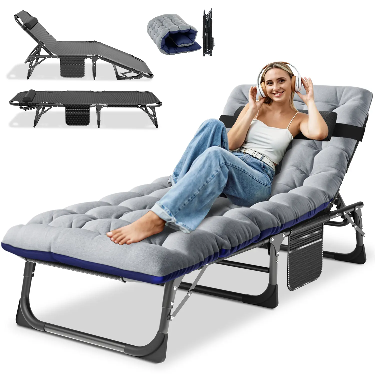 ABORON Folding Chairs for Patio Furniture, Heavy Duty 5-Position Adjustable Pool Lounge Chairs with Padded Mattress, Patio Furniture Chairs