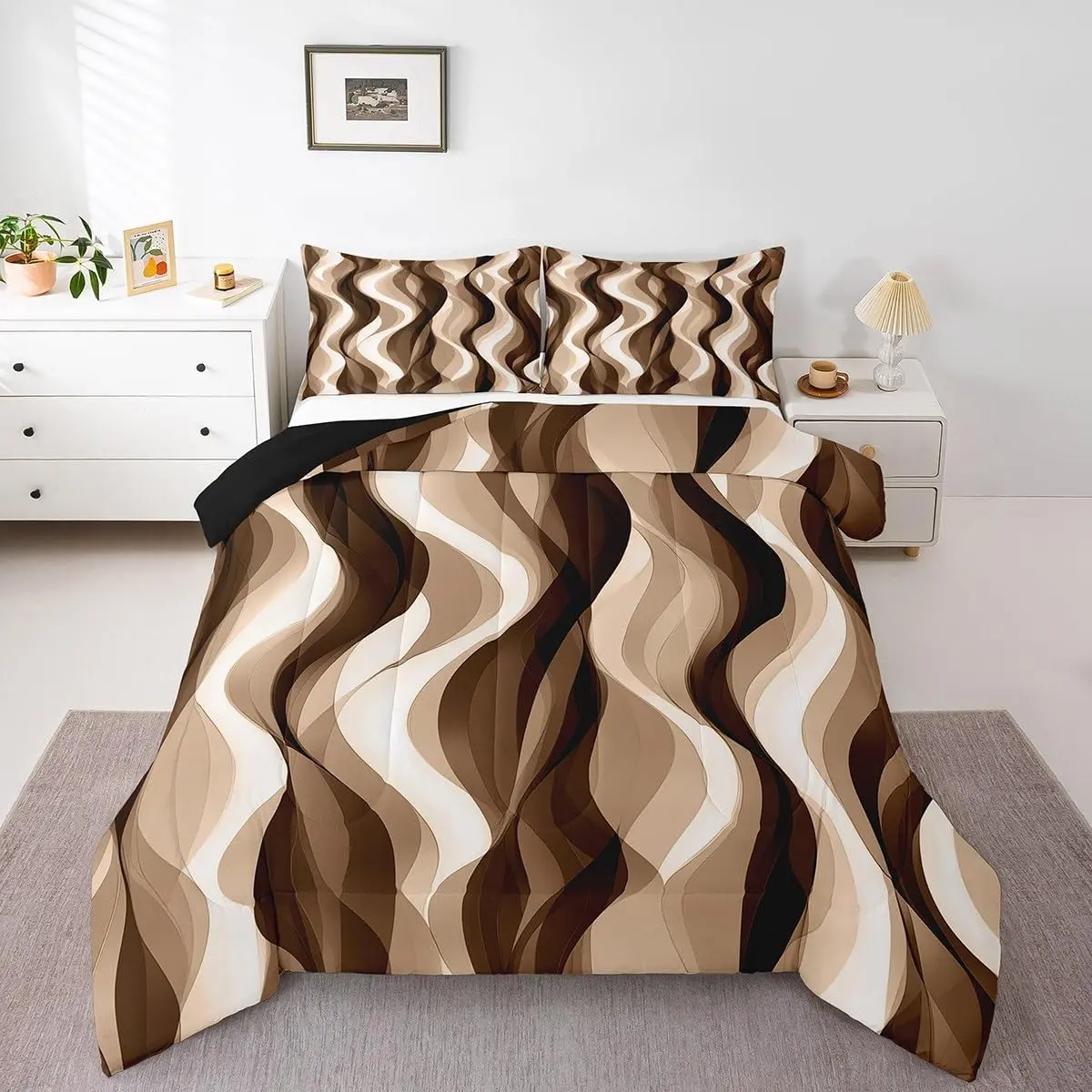 Feelyou Khaki Striped Microfiber Decorative Bedding Set - Lightweight Quilted Soft Duvet & Bedspread Set, Polyester Fill, U-Stitching, Modern Geometric Abstract Insert, Travel-Ready Multi-Size, Lightweight Duvet Set