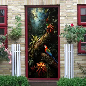 2pcs Rainforest Macaw Wall Stickers Living Room Entrance Corridor Decor Removable Self Adhesive PVC Home Art Mural Decals Colorful Bird Plant Theme Wallpaper Stickers