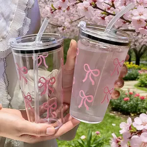 Cute Bow Reusable Plastic Tea Cup with Lid, Includes Straw Bottle, Suitable for Men & Women, Office & School, Birthday Party