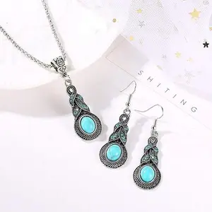 Women Necklace Earring Vintage Turquoise Pendant Chain Collar Ear Studs Party Wedding Jewellery Set Love Gift Durable design