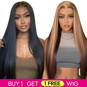 [Blend] Buy 1 Get 1 Free Today Only | 180% Density Blended Human Hair Lace Front Wig Transparent Lace #1B & #P4/27 Straight #SummerVibes