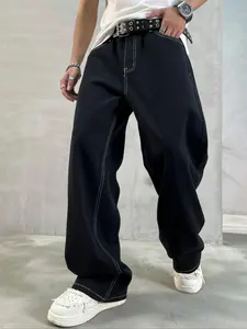 Men's Solid Color Loose Straight Leg Jeans, Casual Comfy Denim Jeans for Daily Wear, Woven Bottoms for All Seasons Pants, Dark Wash Cuffed