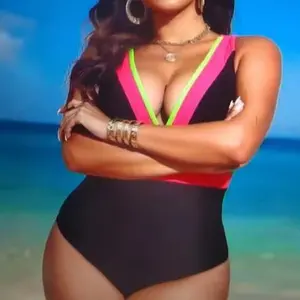 Plus-size swimsuit, black and neon color block, women's one-piece swimsuit, suitable for the beach, pool, and vacation, Multi-Size Women's One-Pieces, Large Women's One-Pieces
