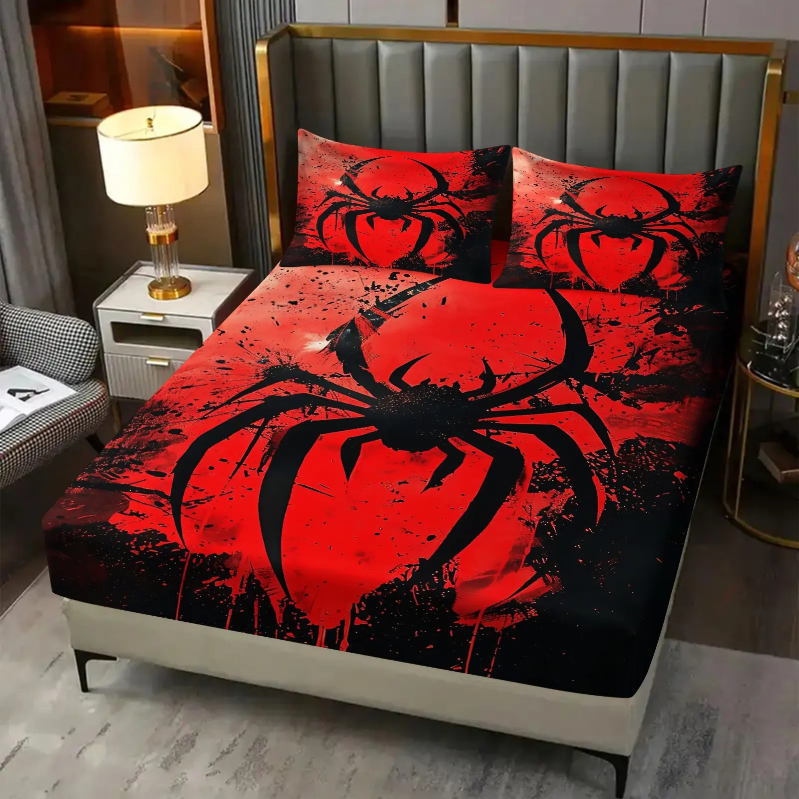 Red Black Splatter Spider 3‑Piece Fitted Sheet Set, No Filling Included, Deep Pocket Elastic All‑Around Mattress Cover, Soft Breathable Polyester Bedding, Bed Sheets, Decor for Boys Bedroom, Master Bedroom, Kids Room