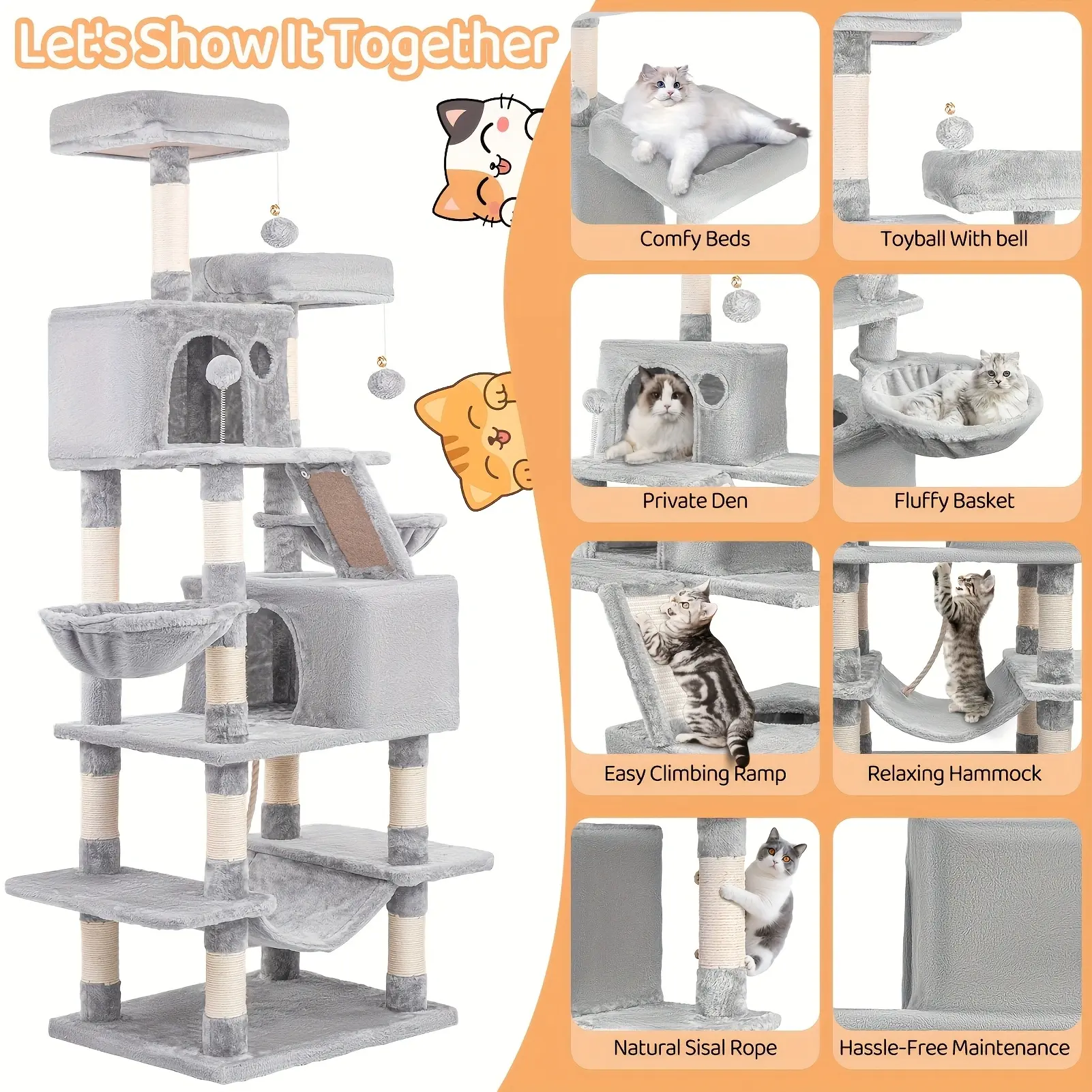 Cat Tree, 8-1in Multi-Level Tall Cat Tree Tower for Indoor Kitties Larger Cat Condo Furniture with Hammock Cozy Pussycat Perches Sisal Scratching Posts Pet House Wide Base Grey