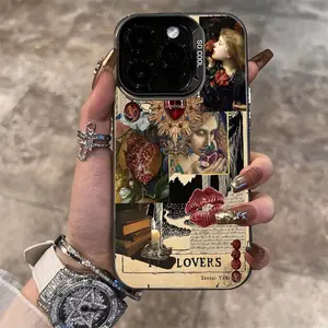 Retro Oil Painting Lip Print Collage Suitable for TPU Pattern iPhone 17 Pro Max Plus Air/ 16 Pro Max Case, iPhone 15 Pro Max/14/16 Plus/13 Pro/12/11/X/XS Max Business Anti-Drop Colorful Silvery PC Protective Cover High Aesthetic