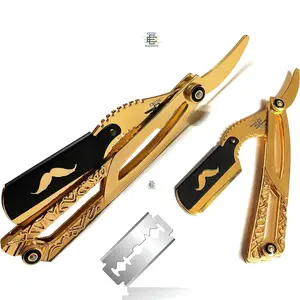 Men's Gold and Black Engraved Folding Straight Edge Razor Professional All Purpose Shaver