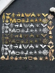 100pcs Mix Alloy Halloween Charms, Spider Ghost Skull Bat Pendants, DIY Jewelry Making Accessories, Crafts Supplies