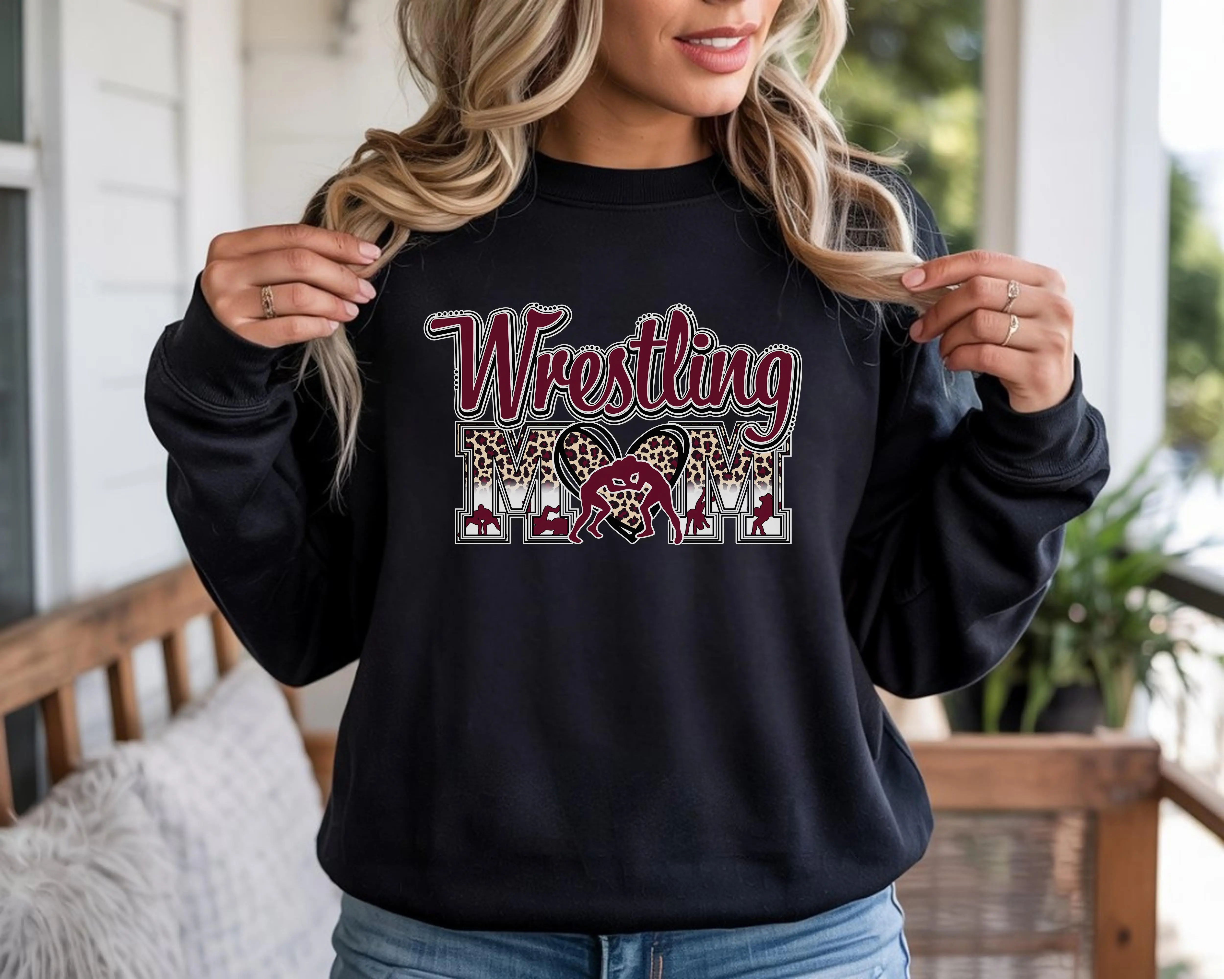 Women's Maroon Burgundy Cheetah Print Crewneck Sweatshirt - Casual Round Neck Apparel with Trendy Hoops Graphic, Cozy Love-Inspired Wrestling Mom Gift for Day Wear