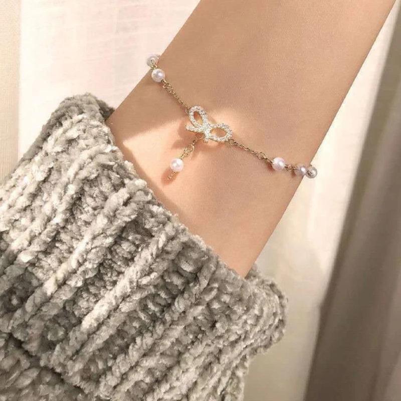 Sweet Lolita Crystal Bow Charm Pearl Beaded Bow Bracelet For Women Jewe Hot