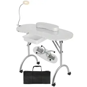 Portable & Foldable Manicure Table Nail Desk On Wheels With Drawer, Updated USB-Plug LED Table Lamp, Client Wrist Pad, Carry Bag For Home Spa Beauty Salon Workstation