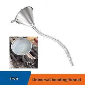 Universal metal funnel for cars and motorcycles, suitable for gasoline, engine oil, and diesel; features a flexible design and built-in filter.