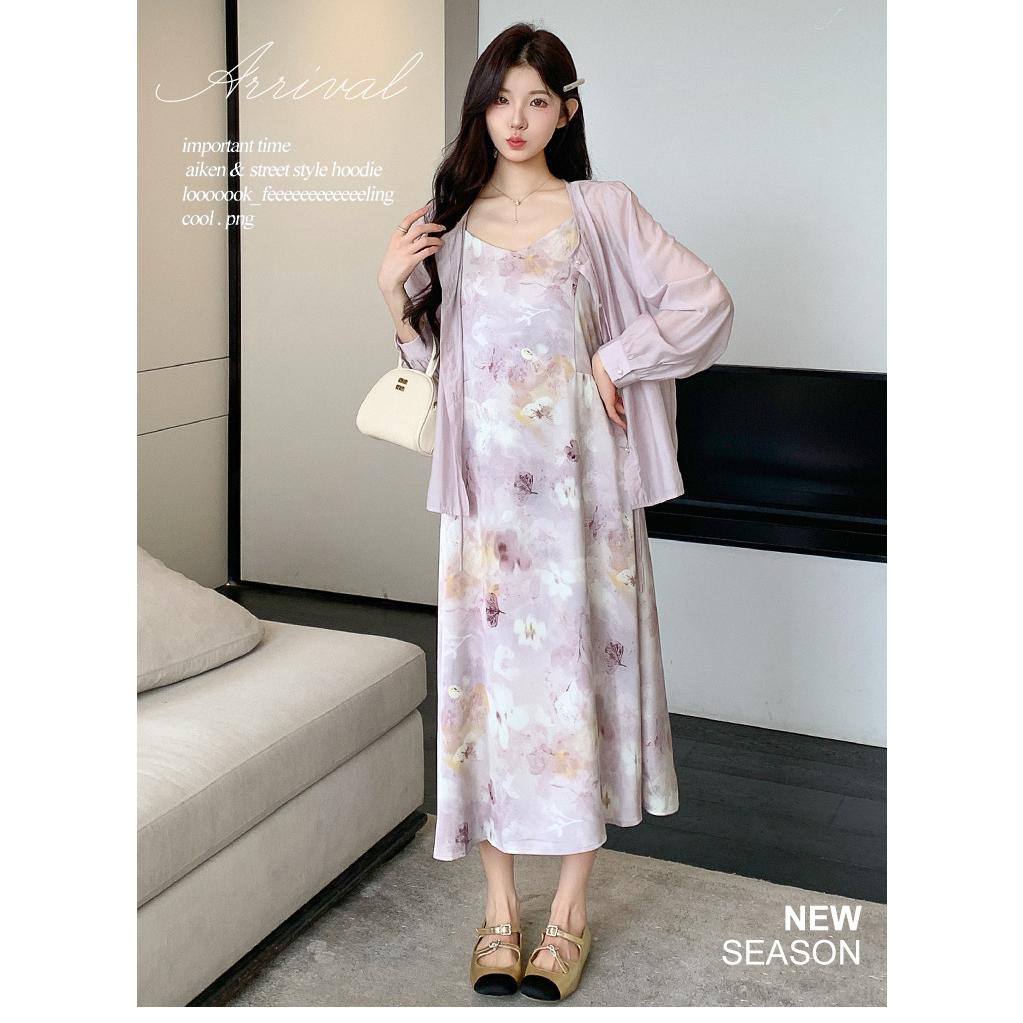 Sweet And Gentle Style Purple Printed Slip Dress Shirt And Cardigan Two-Piece Set