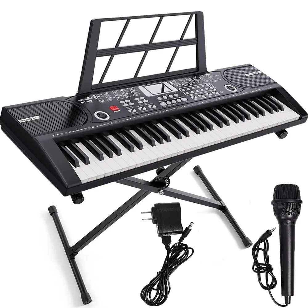 61 Key Portable Electronic Keyboard Piano with Lighted Full Size Keys, LCD, X-Stand, Music Rest, Microphone, Note Stickers, Built-In Speakers,3 Teaching Modes