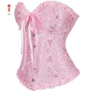 Women Tie up Overbust Corset, Sexy Boned Ruffle Jacquard Bustier with Bow, Body Shaper