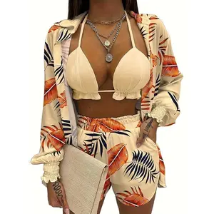 3PiecesWomen'sSwimwearHawaiianOutfitFloralTropicalBikiniandShortsSetSummerBeachSexyCover-UpLuauParty