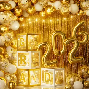 Graduation Party Decorations Class of 2026-86 PCS Grad Party Supplies Includes LED Light Strings Balloon Block Boxes with Letters Foil Curtain Backdrop 2026 Balloon Garland Kit - White