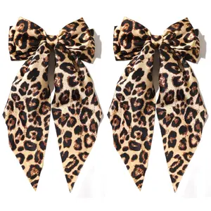 Hair Bows for Women Big Bow Hair Clips for Girls Long tail Hair Ribbon Satin Leopard Hair Bow Barrette Cute Hair Accessories Gifts, Pack of 2 (Camel)