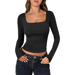 Women Long Sleeve Shirts Crop Tops Double Lined Square Neck Tight Fitted Going Out Basic Tee 2025 Y2K Fall Outifis