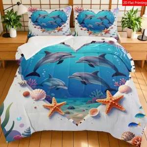 3-Piece Bedding Set, Flat 2D Print Ocean Life Dolphin Design, Blue Color, Fiber Fill, U-Shaped Stitching, No Pillow Inserts