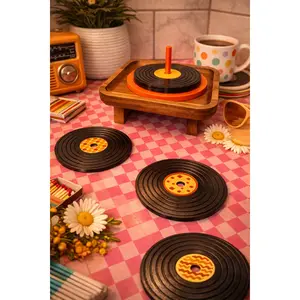 Retro 4 Set Vinyl Record Coasters with Holder