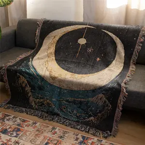 Big Moon Pattern Bohemian Yarn Jacquard Woven Blanket with Tassel, Boho, Thick Soft Washable Blanket, Used for Home Decor Sofa Chair Bed Tapestry Tablecloth Floor Garden Picnic Outdoor Camping, Boho Style Blanket