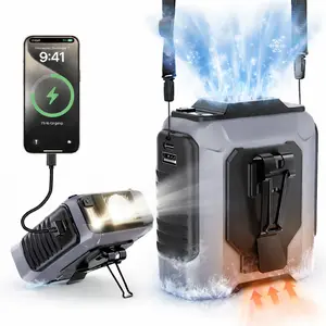 Portable waist clip fan, 4-in-1 wearable personal fan, 5 speed settings with a maximum of 15,000 RPM, hands-free charging for smartphones, waist belt/neck strap/desktop fan, features dual clips and an LED light, ideal for outdoor work, camping, and travel
