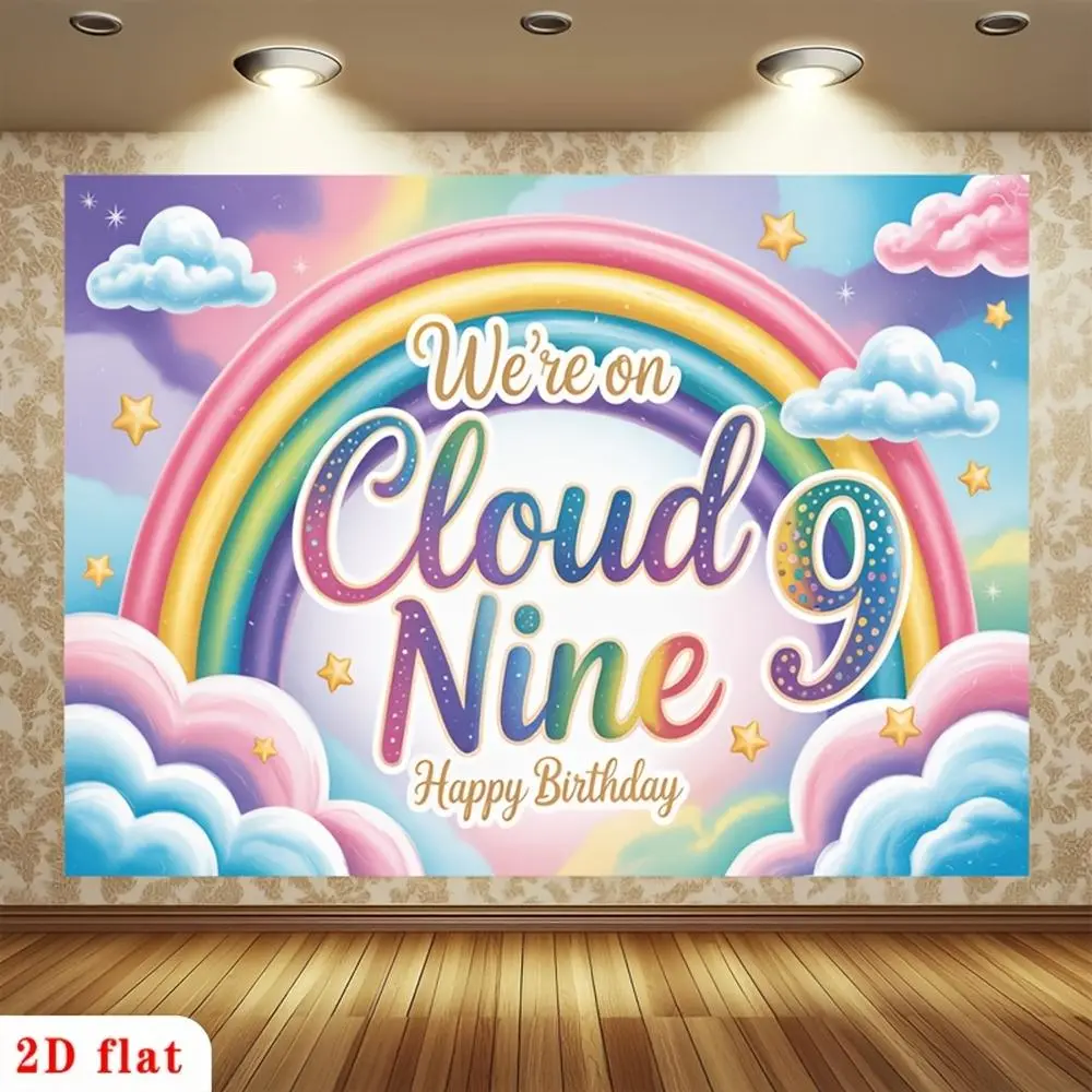 2D Flat - 2D Flat - 1pc 2D Flat Cloud Nine Happy Birthday Banner | Pastel Rainbow, Fluffy Clouds, Golden Stars Polyester Backdrop For Party Decor, Farm, Garden, Home, Room, Club | Ideal For Valentine'S D