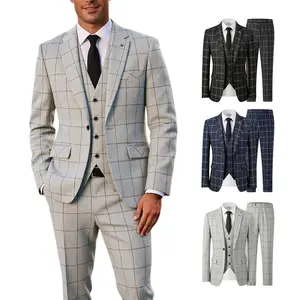 Men's 3 Pcs Plaid Suit, Single Breasted Peak Lapel Blazer Vest & Pants Set, Slim Fit Formal Outfit in Multiple Colors for Wedding Prom