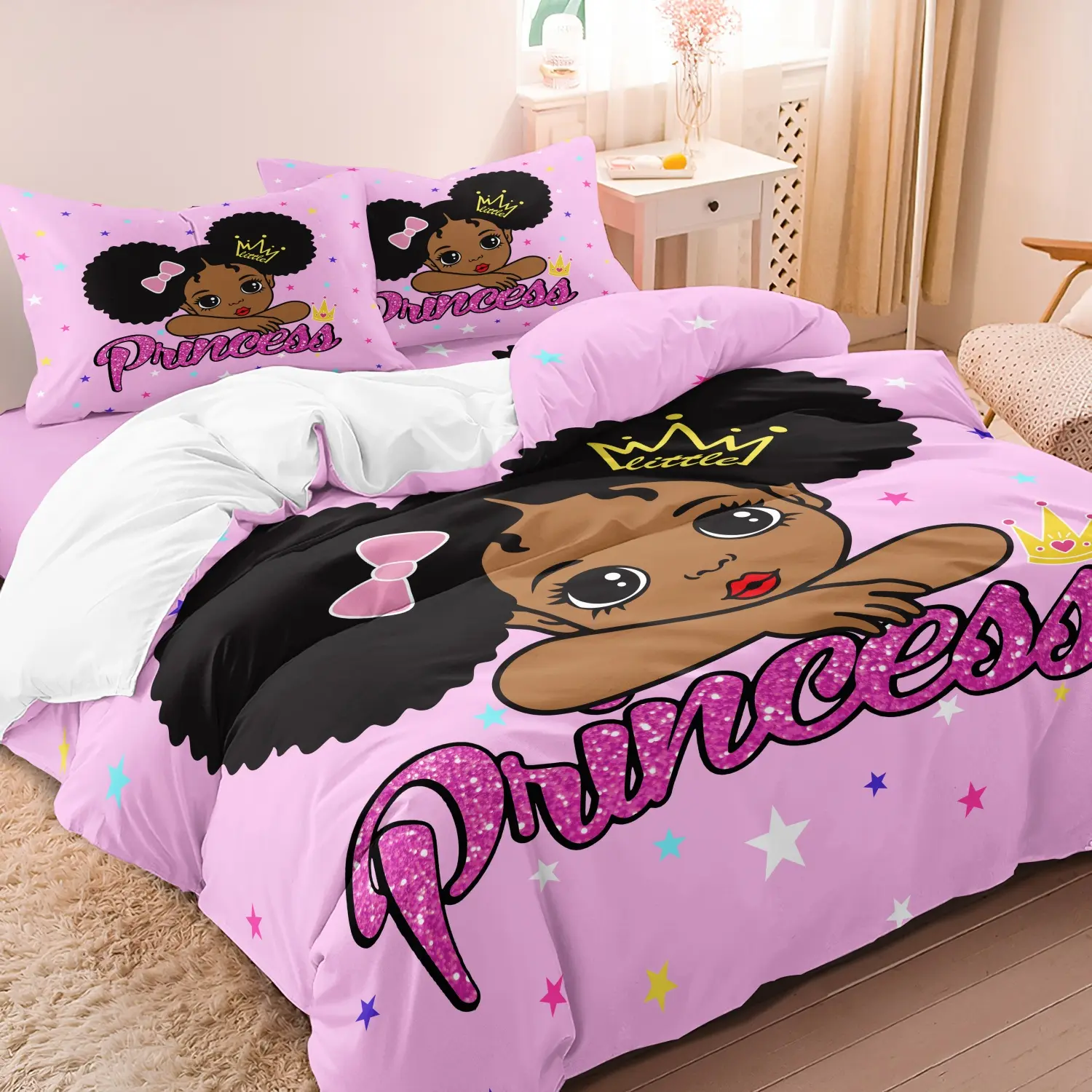 Cartoon Princess Pattern Decorative Duvet Cover Set, 3 Counts/set Including 1 Count Duvet Cover & 2 Counts Pillowcases without Filler, Soft Comfortable Bedding Set for Bedroom Dormitory Hotel Bed Sets, Comfy Bed Sets Supplies
