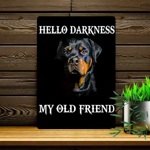 1Pc, Vintage Metal Sign: Hello, Darkness, My Old Friend Rottweiler Dog - 12X8 Inches (30X20Cm) - Indoor/Outdoor Wall Decor - Kitchen, Room, Home, Restaurant, Bar Decor