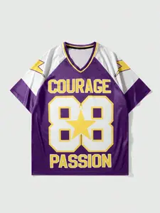 Mens american retro sports style v neck jersey short sleeve t shirt purple and white color block splicing with yellow lightning and line decoration courage 88 passion letter and number print on the chest loose dropped shoulder fit breathable mesh fabric