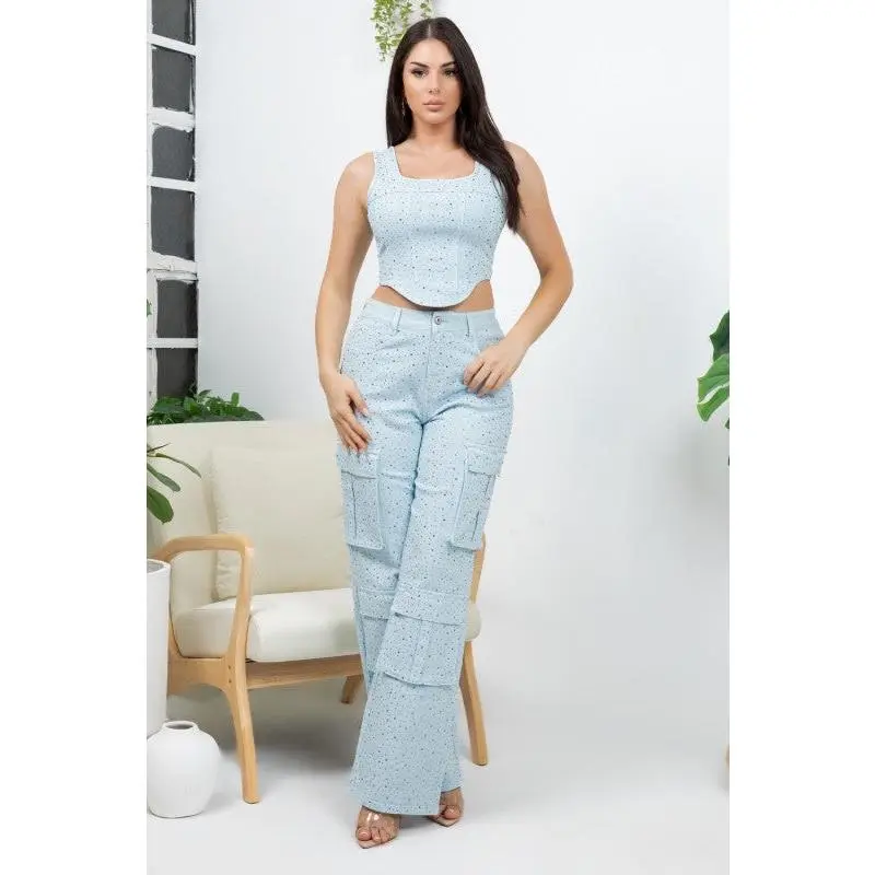 Rhinestone Cargo Jeans- Blue