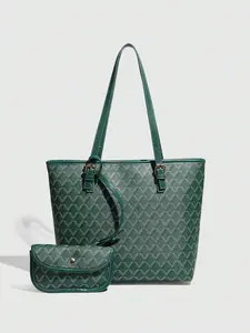 Women's Elegant Printed Tote Bag & Wristlet, Fashionable Large Capacity Handbag, Casual Trendy Versatile High-quality Daily Commuting Bag Set, PU Tote Satchel