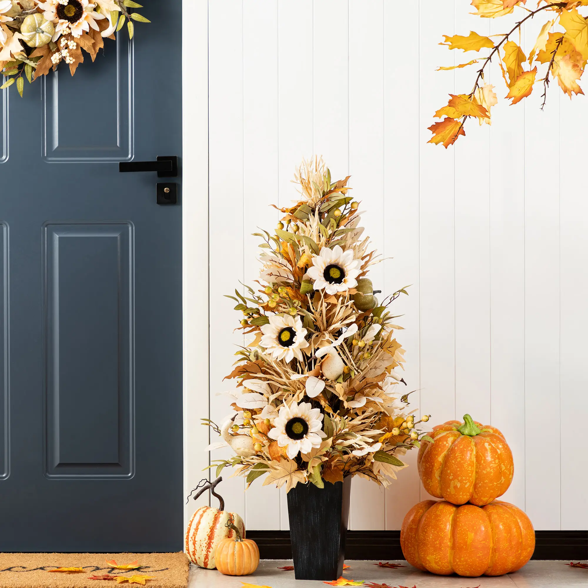 Glitzhome 36"H Fall Neutral Artificial Mixed Floral Arrangements Porch Tree - Pumpkin Planter, Sunflower, Leaf Accents, Pumpkin Planter Artificial Mixed Floral Arrangements