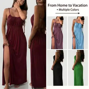 2026 New women’s Backless Cami Lounge Dress, Loose Fit Sleeveless Long Sundress, Elegant Summer Sleepwear, Homewear & Beach Cover-Up Plus Size, Adjustable Drawstring, Soft & Cool Fabric, Multi-Scene Wear, Loungewear, Nightwear, Womenswear