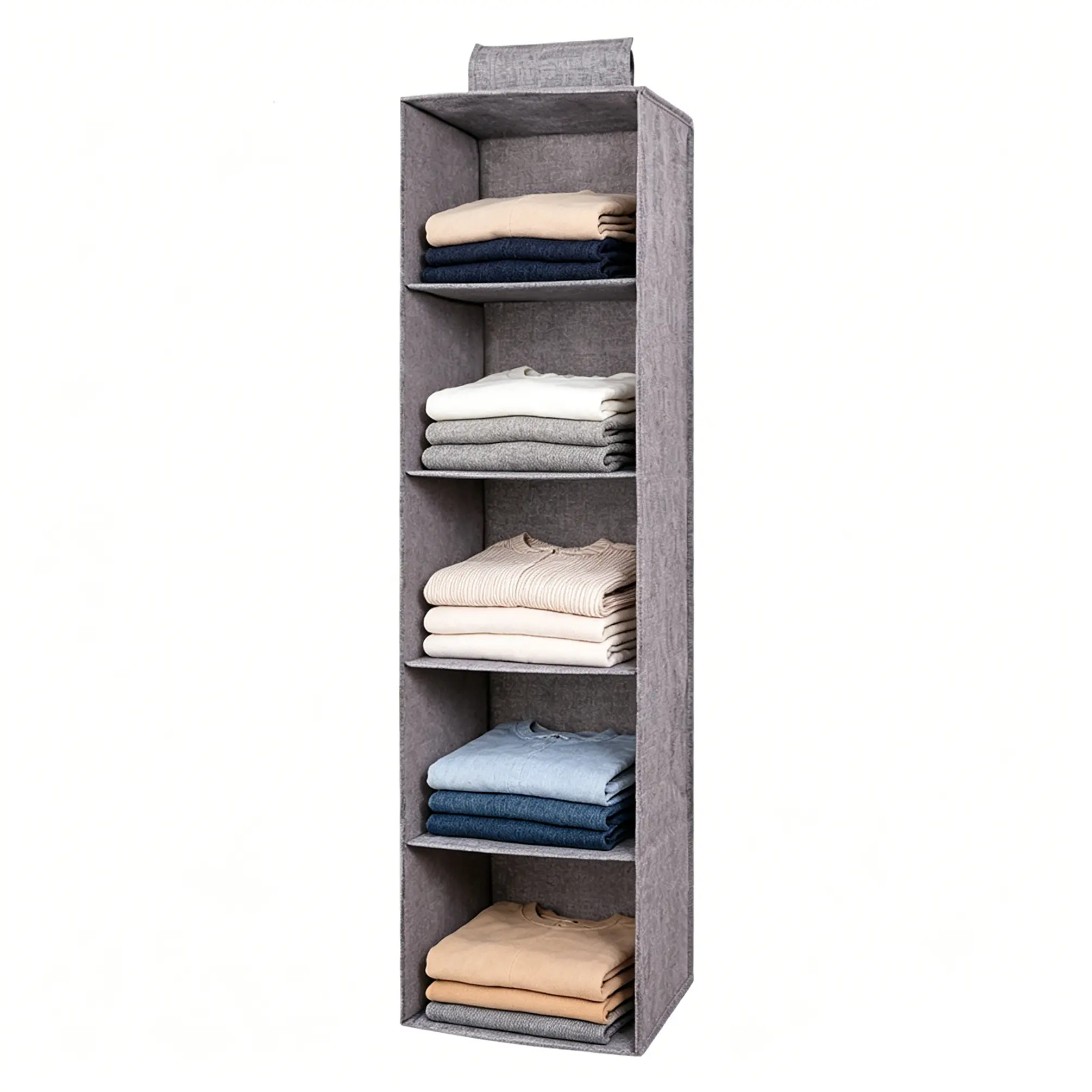 FixtureDisplays® Hanging Closet Organizer 5 Shelf, 10.24"L x 10.24"W x 39.46"H , Each Compartment Height 7.48 in, Linen Fabric Storage with PP Board, Space Saving Hanging Shelves for Clothes, Bags, Hats, Accessories 22052