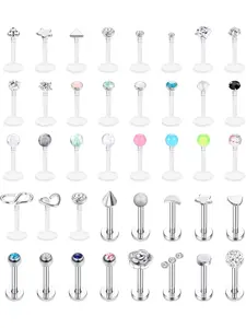 40 Pcs Silvery Multi-Style Piercing Stud Pack for Women Men Sleek Stainless Steel Clear Transparent Acrylic Construction Shiny Zirconia Delicate Charm Assorted Lovely Classic Designs for Cartilage Tragus Forward Helix Nostril Monroe Lip Labret Piercings