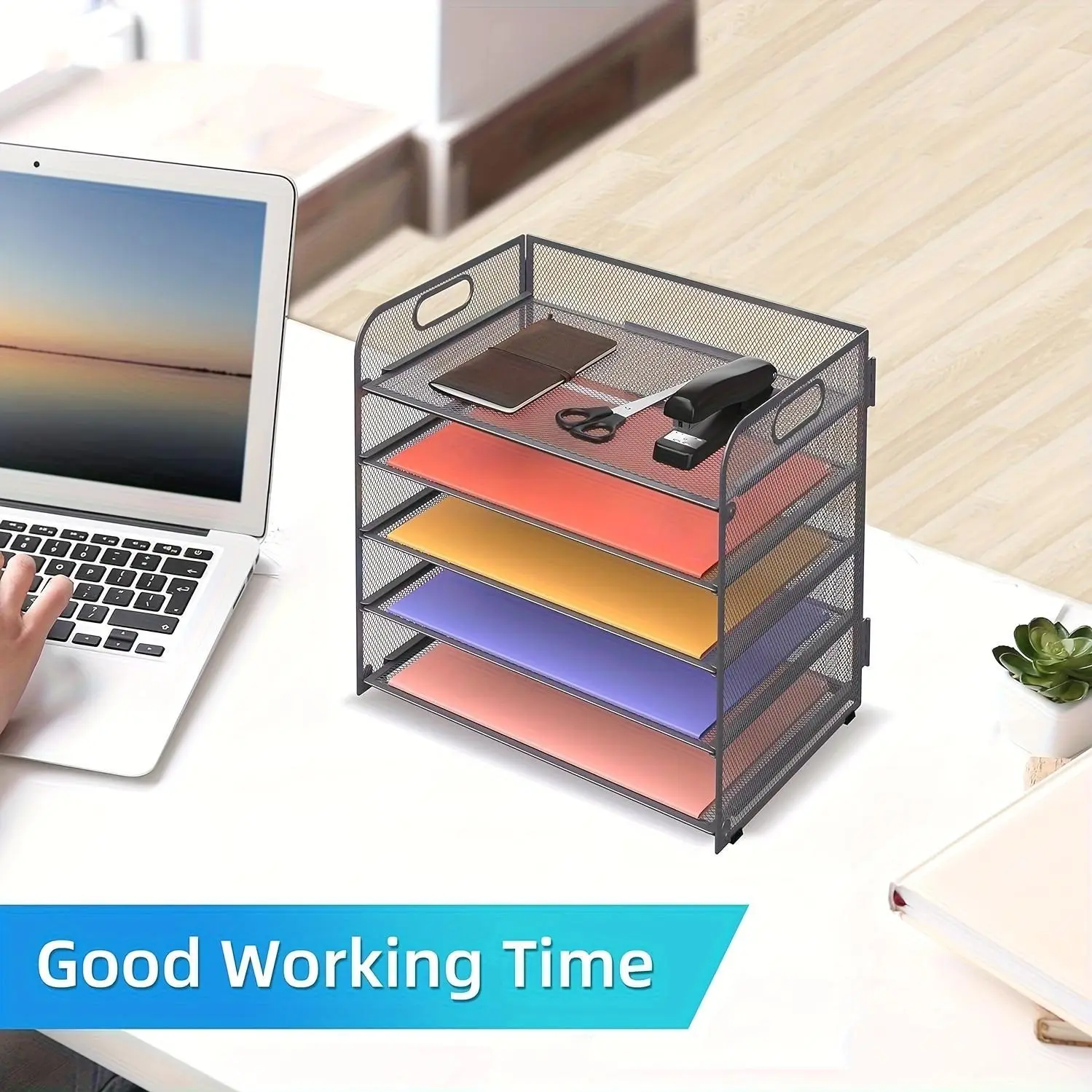 SUPEASY Grey Paper Sorter Desk Organizer for Office, 5 Trays Paper Organizer Letter Tray with Handle-Mesh Desk File Organizer, Home Or School