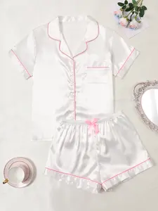 Pure Color Short Pajama Set, Short Sleeve Button Neck Top and Pants, Soft Satin Sleepwear, Womenswear, Casual Loose Fit, All Seasons, Loungewear Pjs, Basic