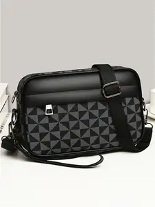 Retro Plaid Men's Crossbody Bag Leather-Patch Design Casual Commuter Shoulder Bag Perfect for Daily Outings and Sports as an Everyday Carry Bag