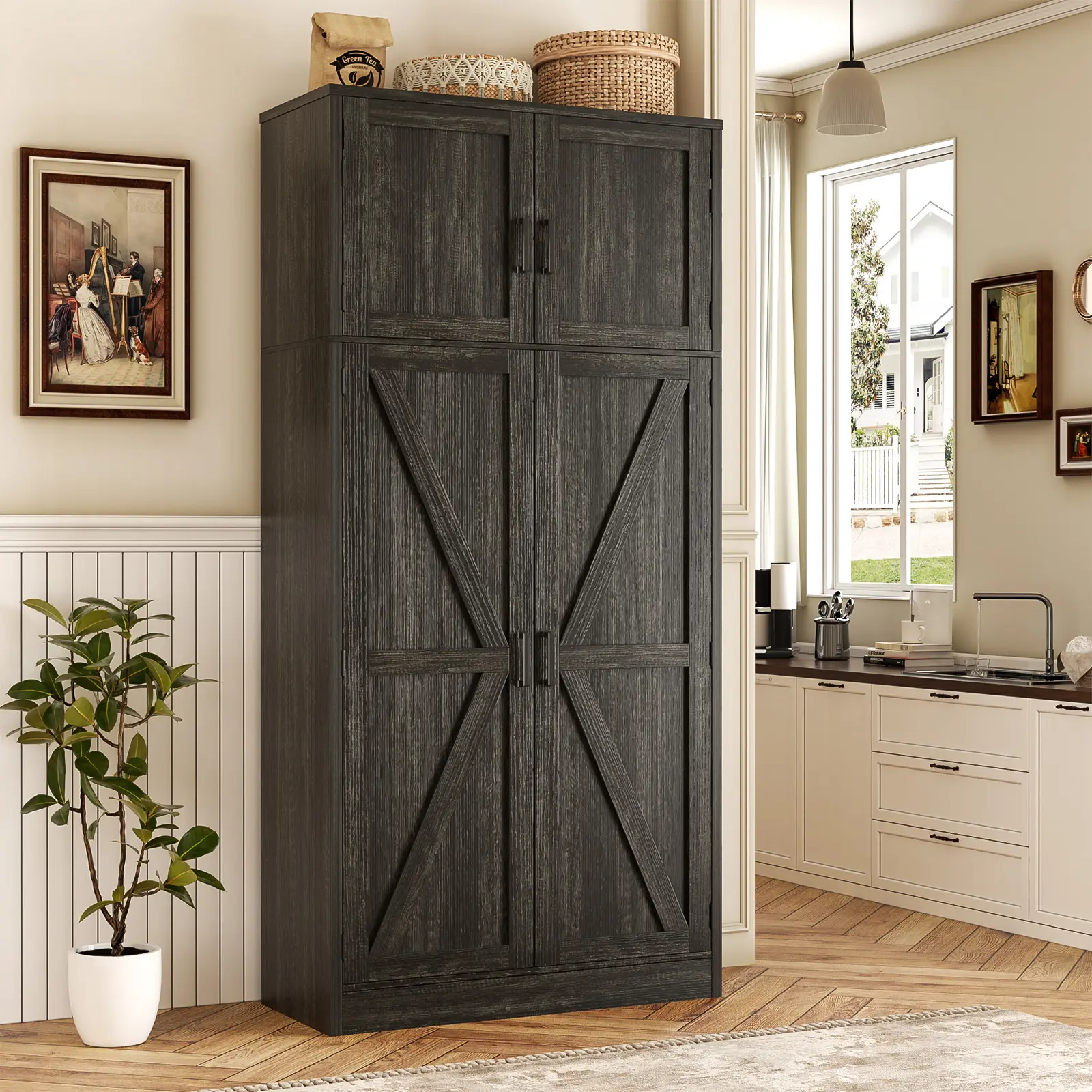 Unikito 71” Farmhouse Storage Cabinet, Large Kitchen Pantry Storage Cabinet with Adjustable Shelves and Barn Doors, Versatile Tall Storage Cupboard for Dinning Room, Bathroom, Living Room