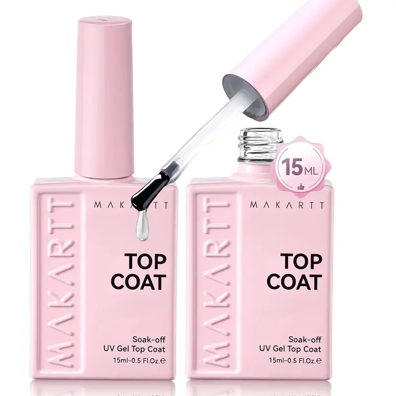 Makartt Hema-Free 15ml Each Upgraded Gel Base & Top Coat Set - Daily Manicure, Smooth, Hypoallergenic, No-Wipe Glossy, Low Odor, Mild, Long-Lasting, Anti-Peeling, Brush-Applied, Soak-Off UV LED Lamp Required, Ideal for Home DIY Women's Gift