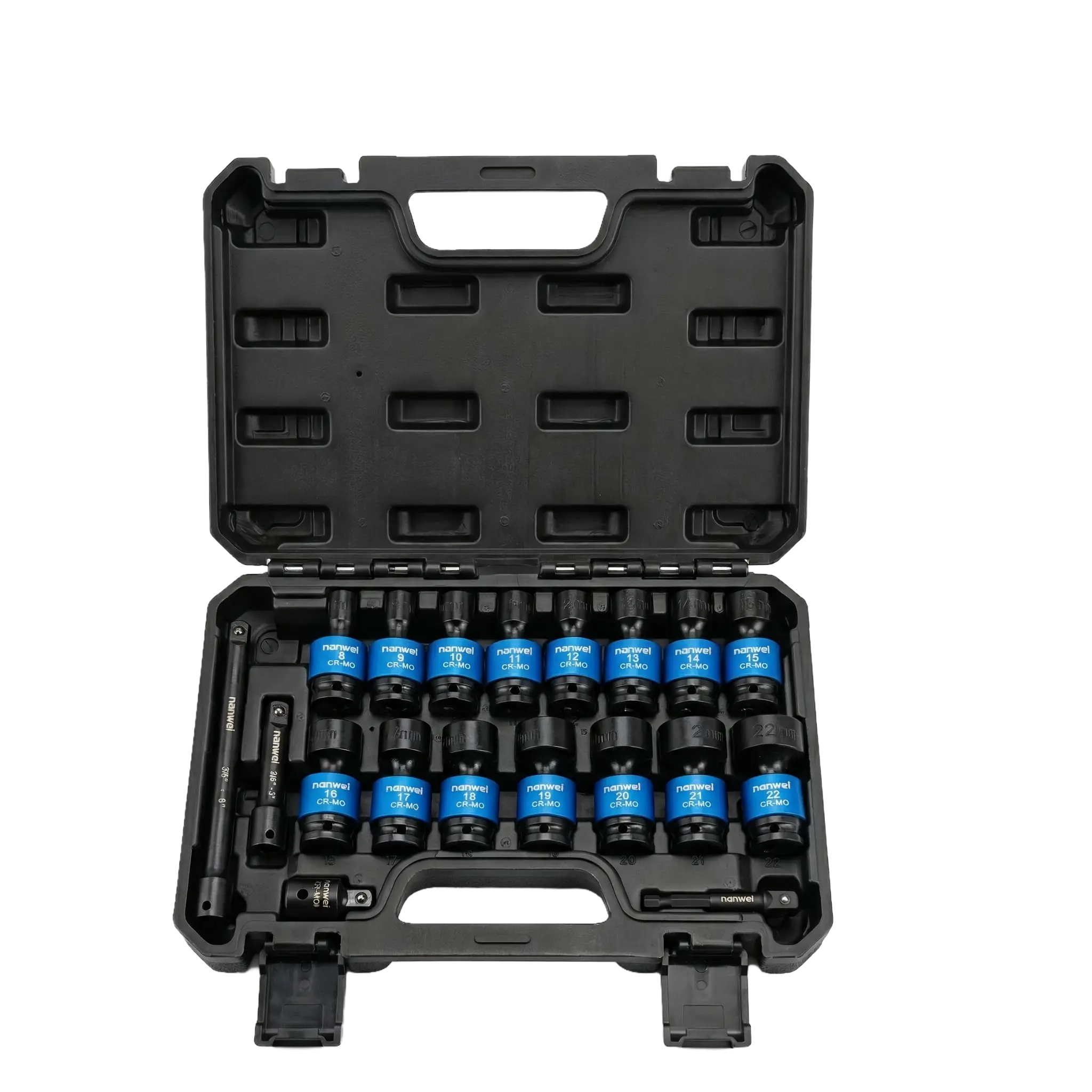 19pcs 3/8" Drive Universal Impact Socket Set, 19 Pieces CR-MO Swivel Socket Set, Metric(8-22mm) Wobble Sockets 6 Point with Extension Bars, Adapter and Black Organizer