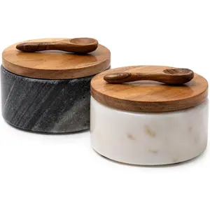 Marble Salt and Pepper Bowls - Set of 2 Handcrafted White/Grey Solid Marble Salt and Pepper Cellars with  and Spoons - Elegant Containers for Countertop or Table